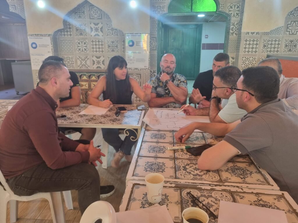 Small group in animated discussion during a facilitated workshop session